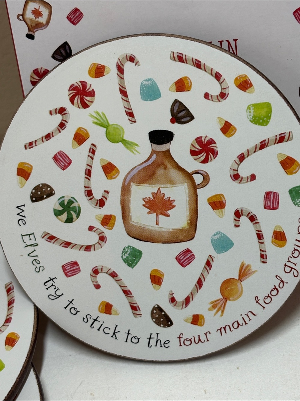 Pottery Barn Holiday Elf Coaster Set - White with Red, Green, Orange Accents - Picture 3 of 9